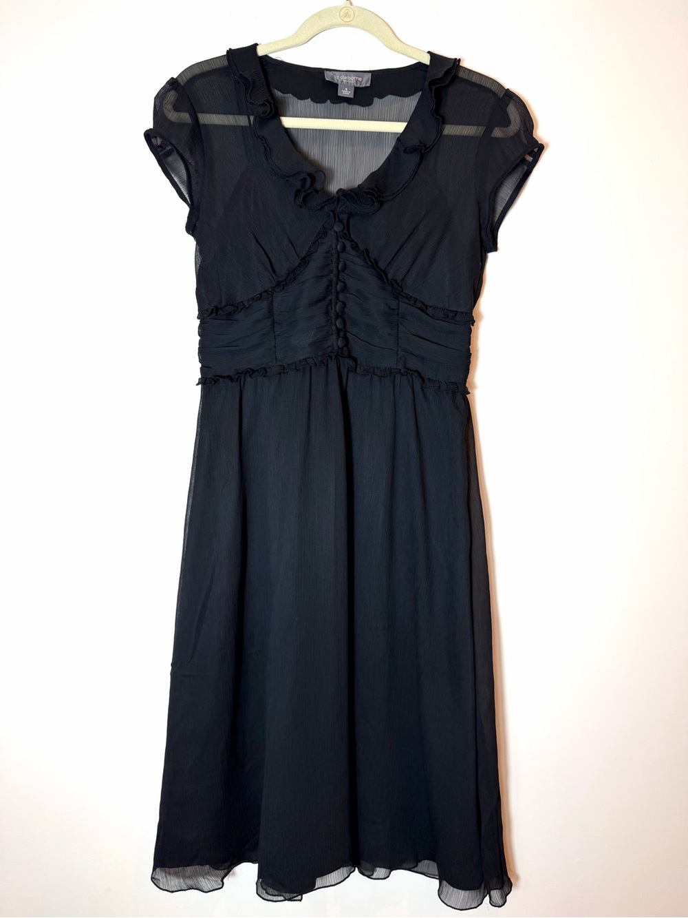 Liz Claiborne Black Chiffon Ruffle Midi Dress Sheer Cap Sleeve Ruched Size 6